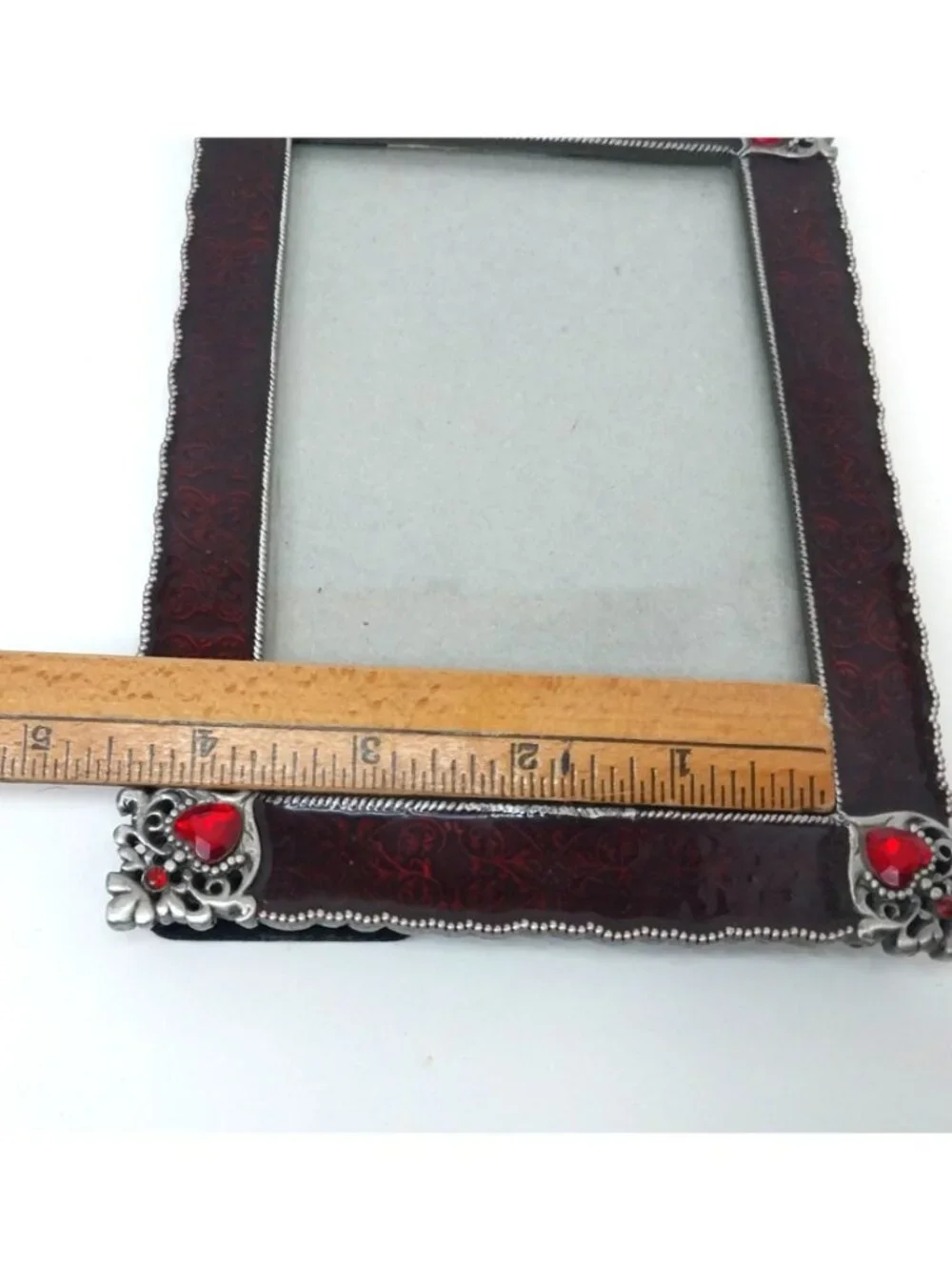 Vintage Enamel Picture Frame Red Silver Ornate Heart Filigree Gem Accents 5x3